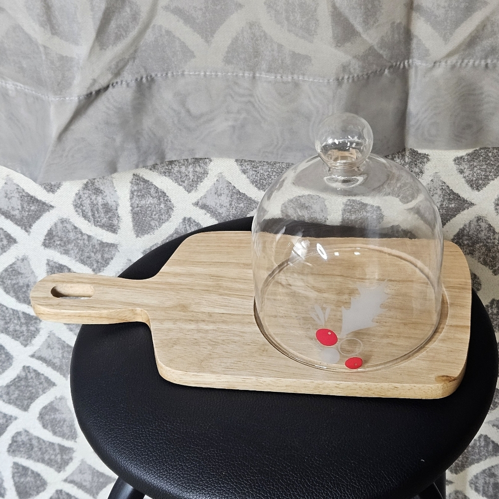 Magenta Home Christmas Holly Small Wood Cheese Serving Board & Glass Cloche Dome